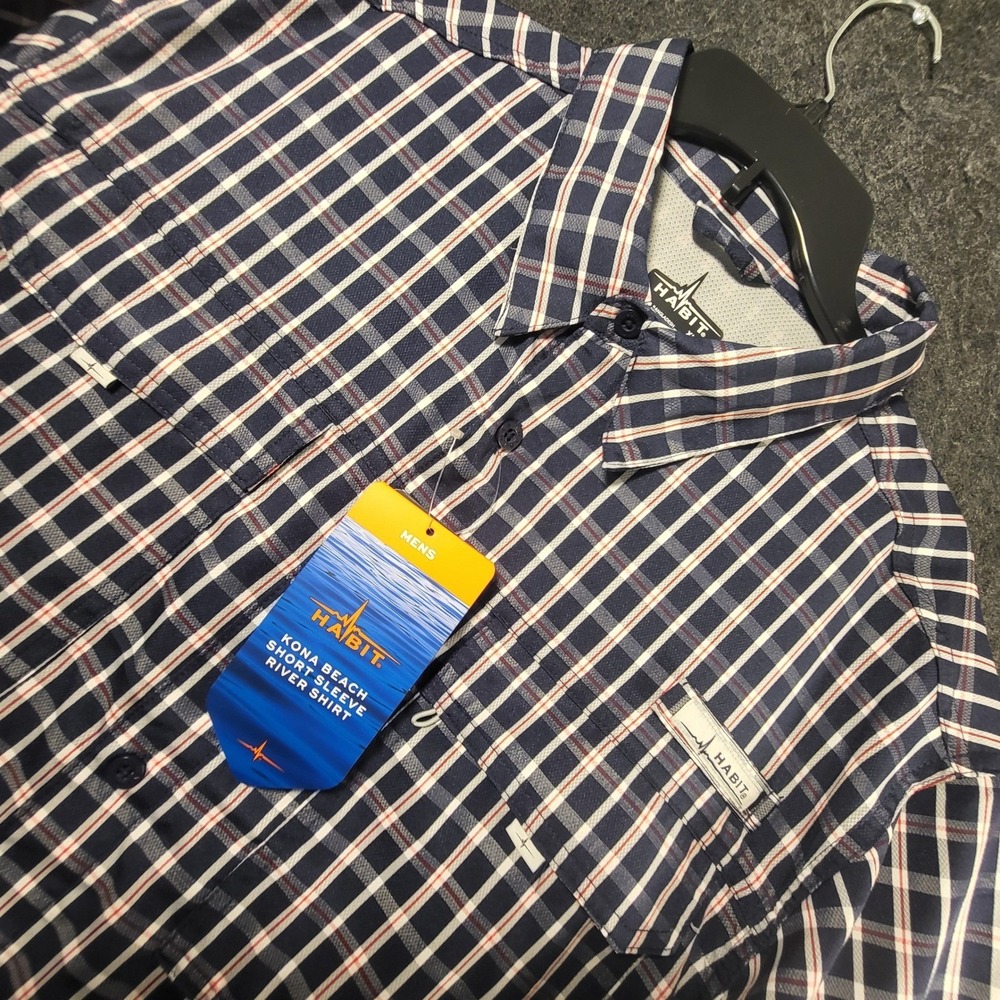 Habit Mens Kona Beach Short Sleeve River Shirt Navy Plaid Fishing Button Up XL